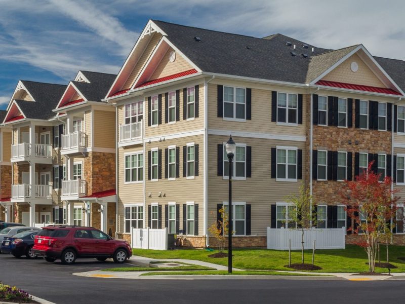 This image shows an aerial view of the TGM Creekside Apartment. It's a new community that boasts a beautiful setting and a well- established neighborhood. It also offers 24-hour emergency maintenance. It features the side view and 9-foot ceilings.